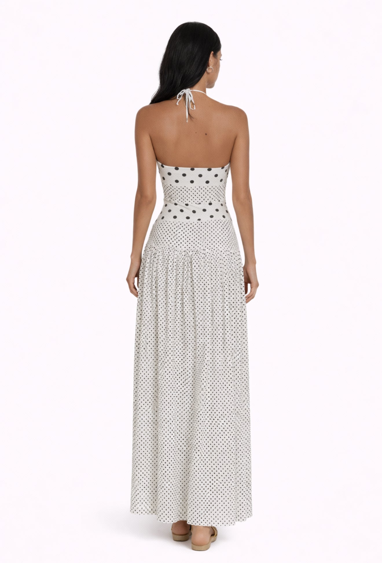 Printed summer white dress with black polka dots