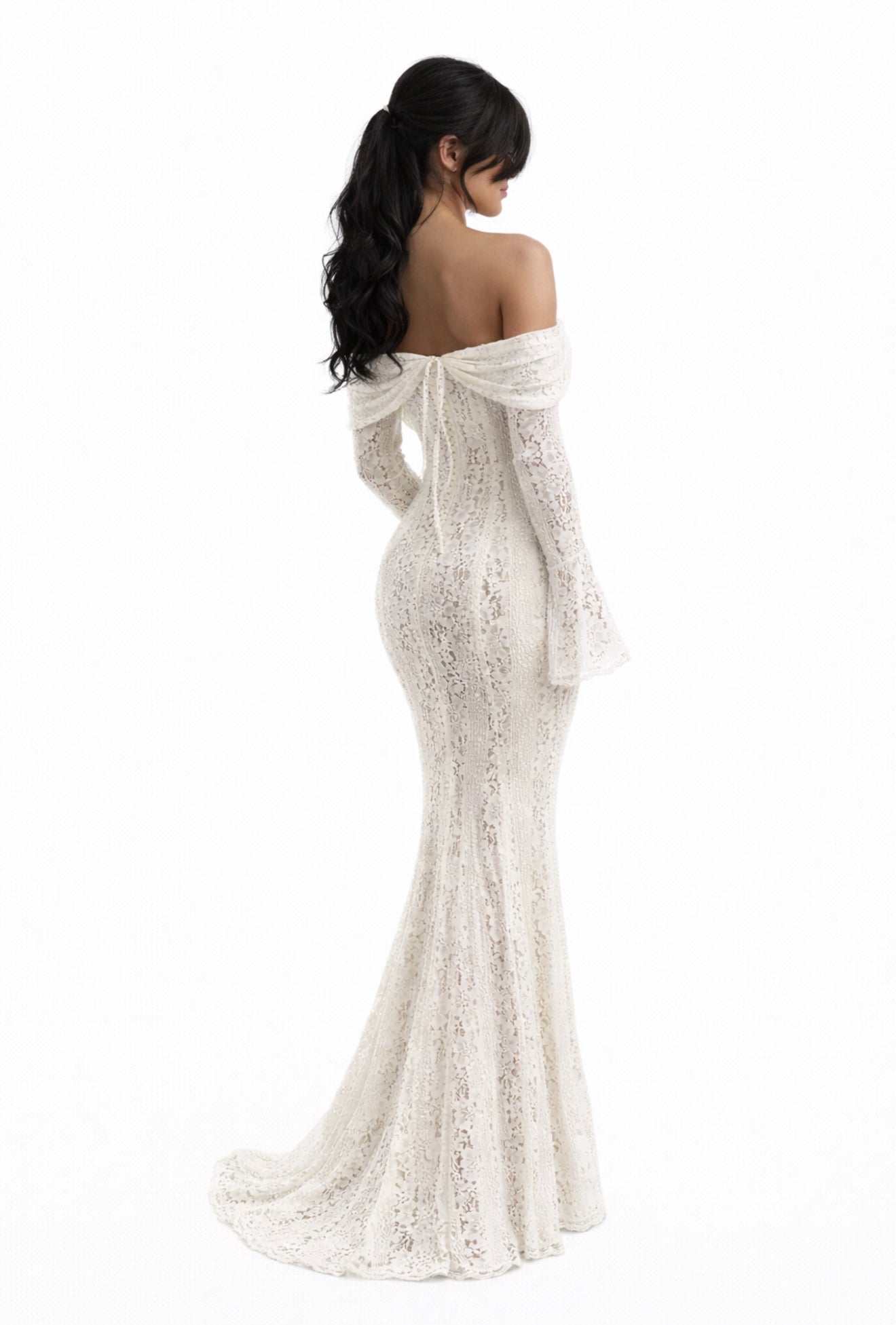 white lace off-shoulder strapless gown