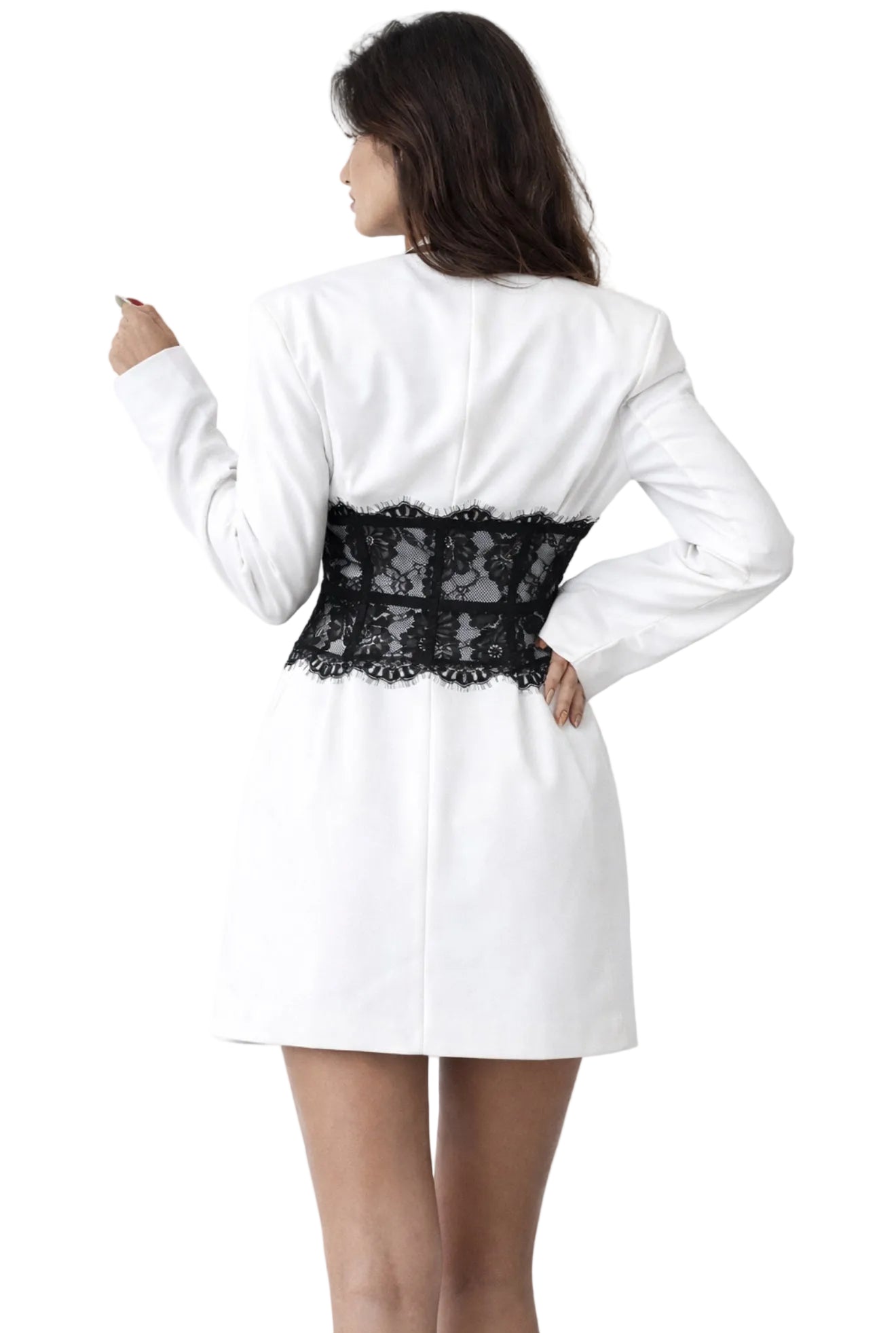 White blazer with black lace detailing dress