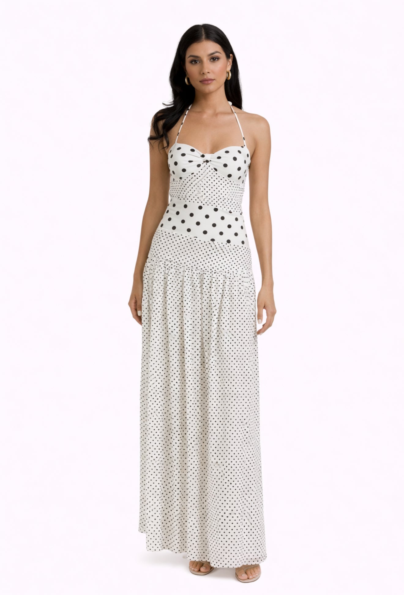 Printed summer white dress with black polka dots 