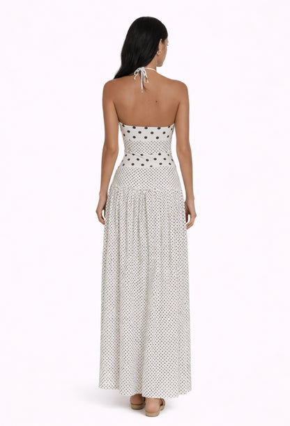 Printed summer white dress with black polka dots 