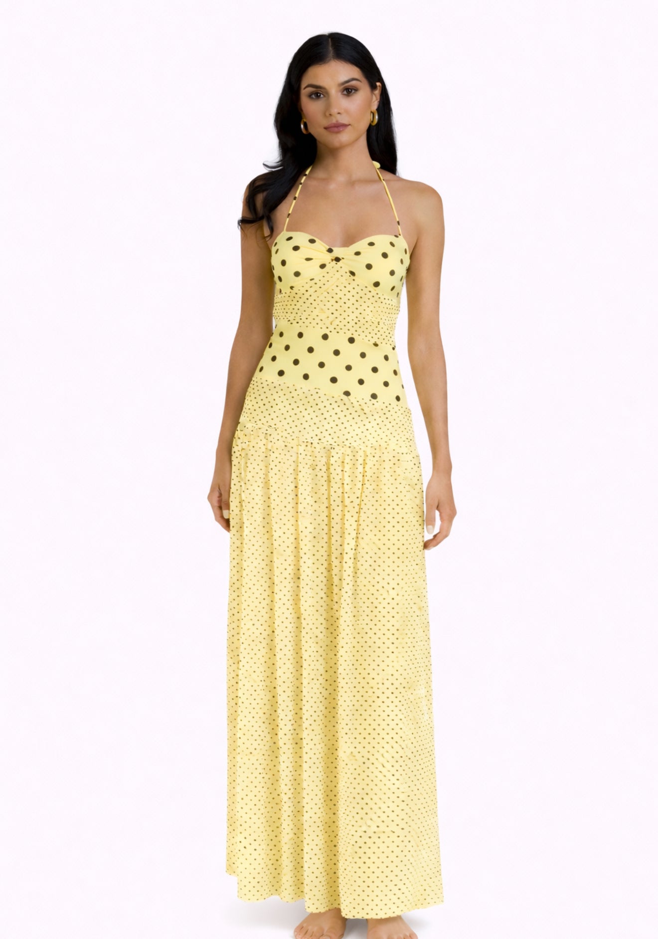 Printed summer yellow dress with black polka dots 