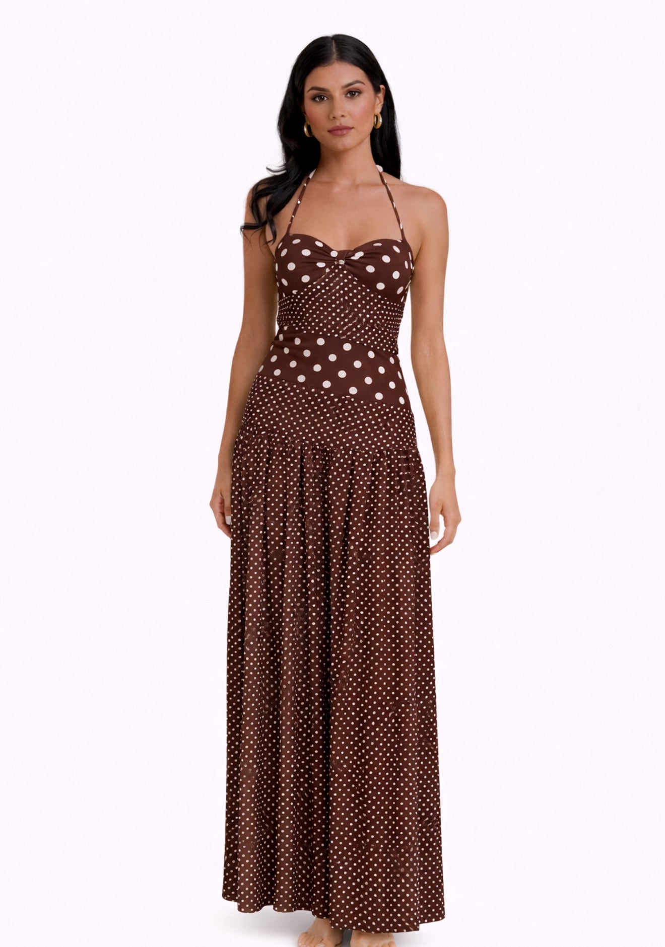 Printed summer brown dress with black polka dots 