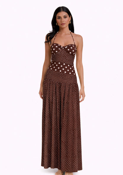 Printed summer brown dress with black polka dots 