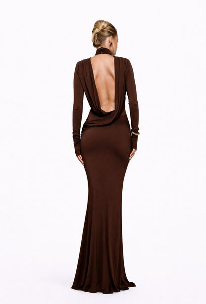 Open back fitted dress gown brown