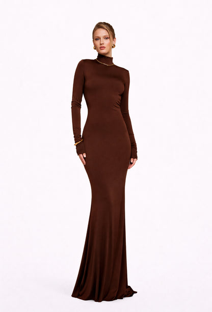 Open back fitted dress gown brown