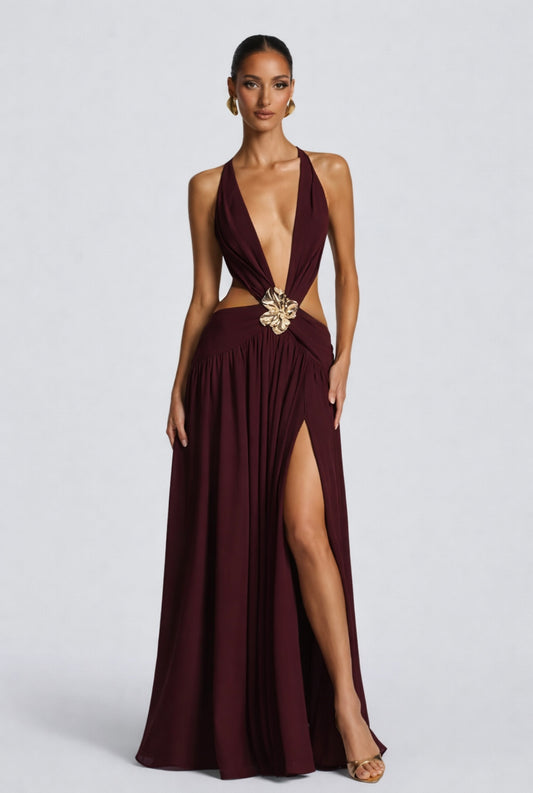  burgundy evening gown with a gold embellishment maxi dress summer