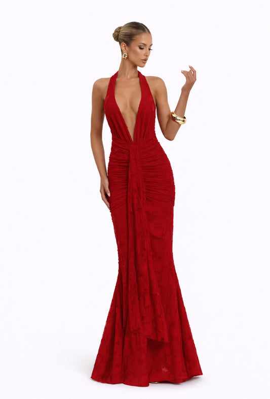 Red deep V-neck rushed dress