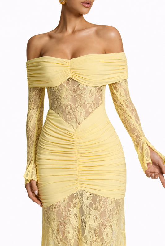 Off-shoulder lace maxi dress yellow