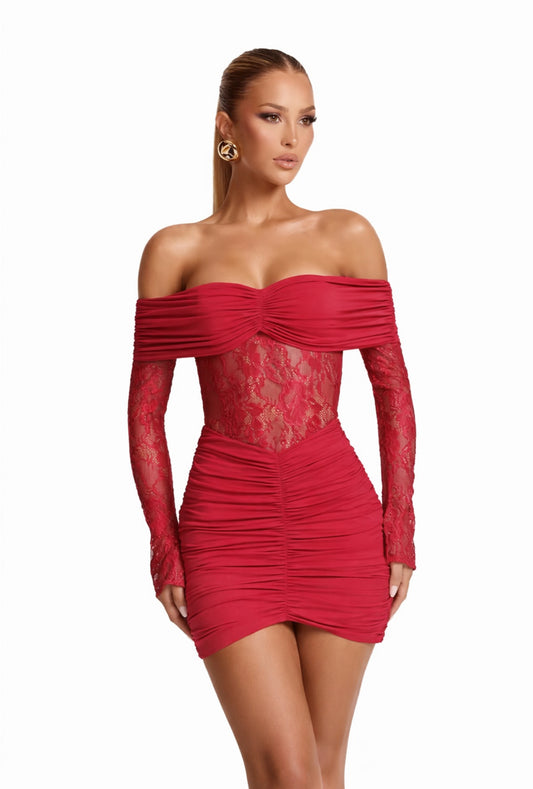 Long sleeves lace mini dress red