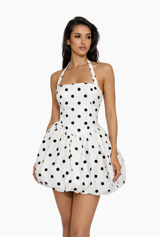 white mini dress with black polka dots 