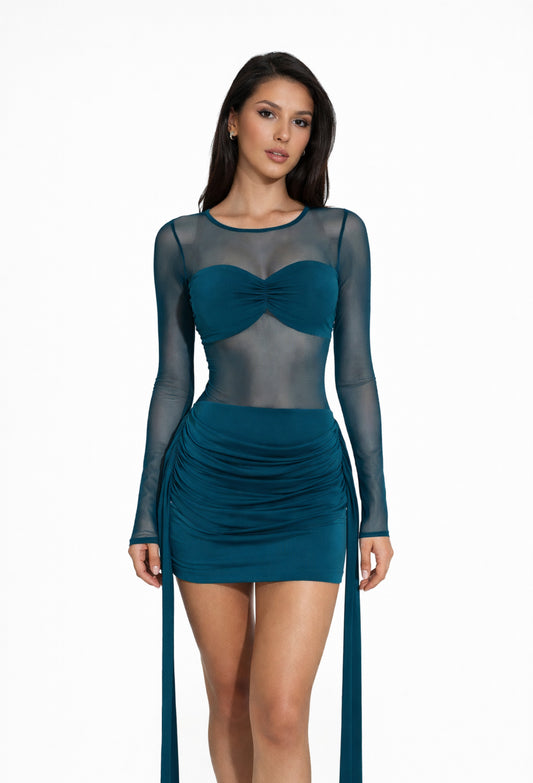 Sheer drape mini dress green
