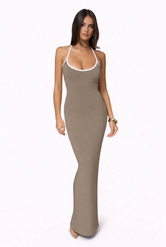  maxi dress with white straps bodycon brown 