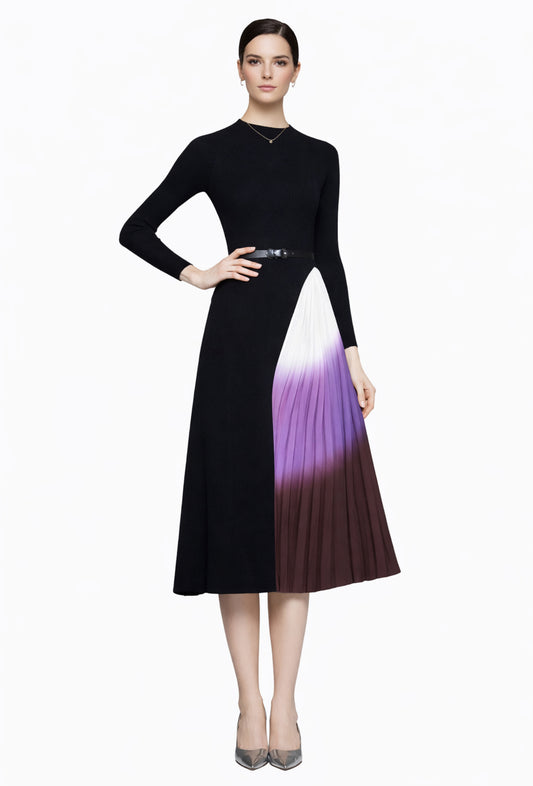 knit elegant woman dress black with rushed wavy  details