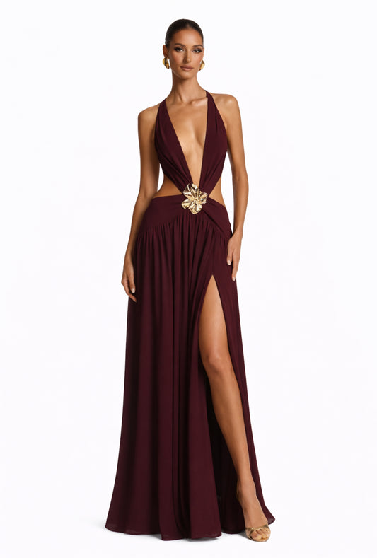 Burgundy evening gown with a gold embellishment maxi dress summer