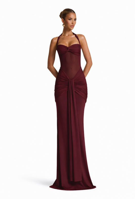 Hourglass mesh evening gown maxi dress burgundy