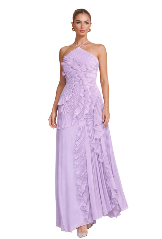 Elegant ruffled halter maxi wedding dress purple