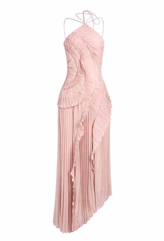 Elegant ruffled halter maxi wedding dress pink