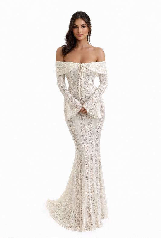 white lace off-shoulder strapless gown