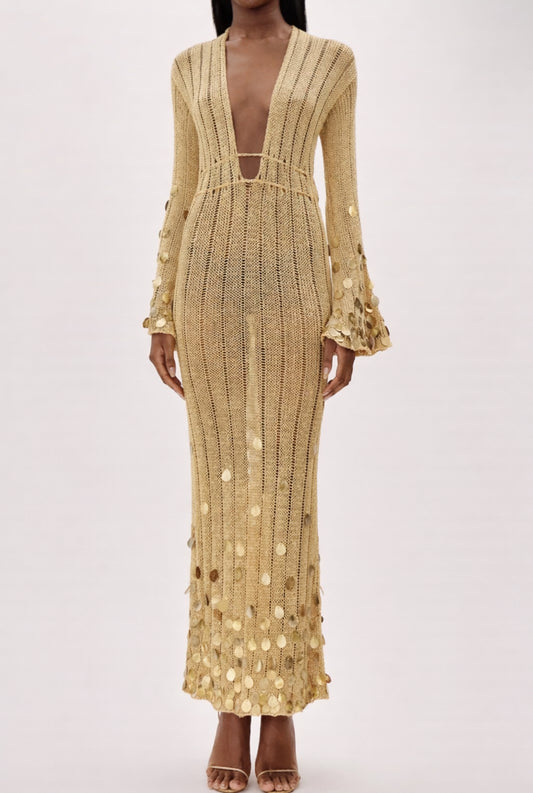 Shiny knitted deep neck dress summer see trough