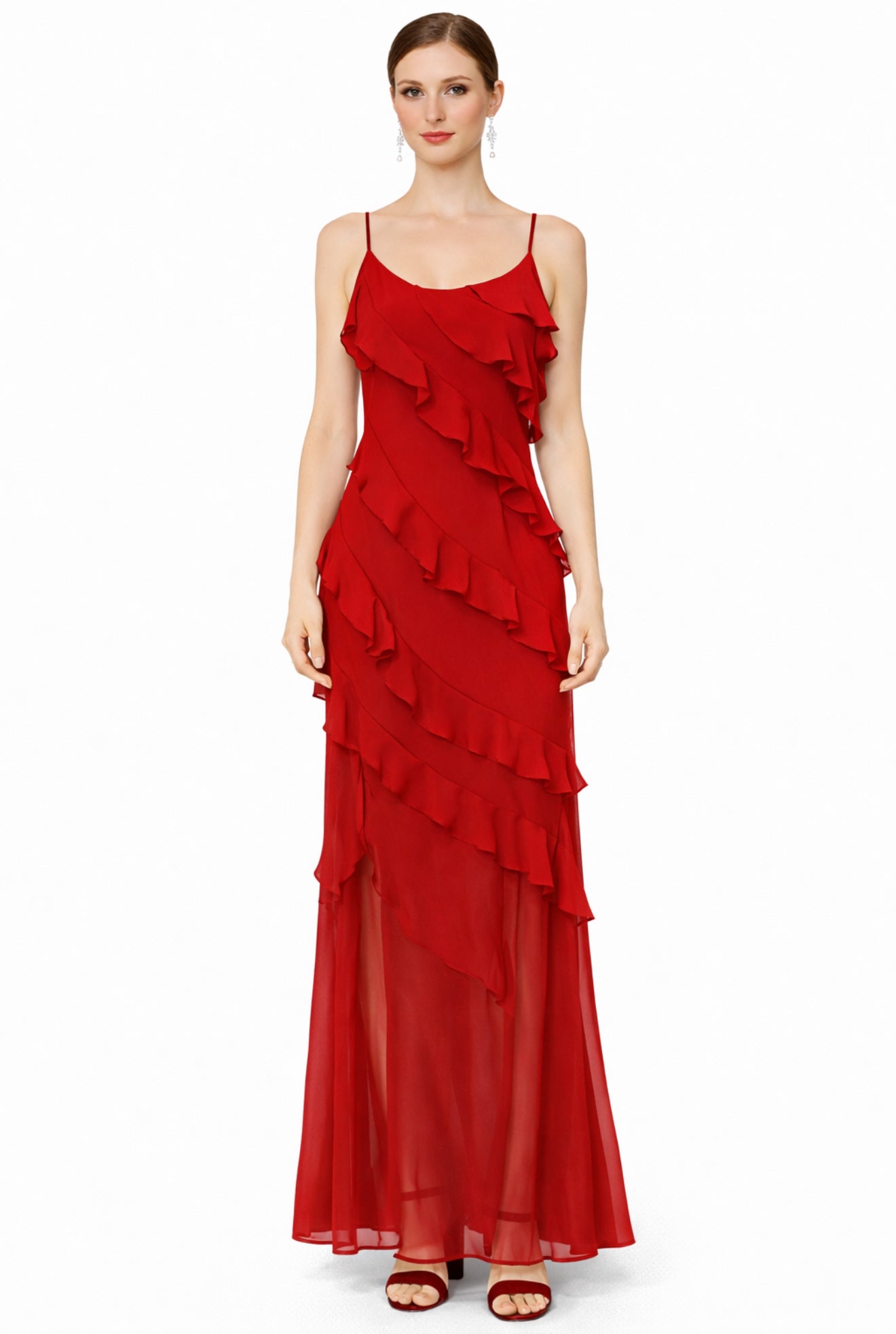 Red ruffled evening gown summer dress