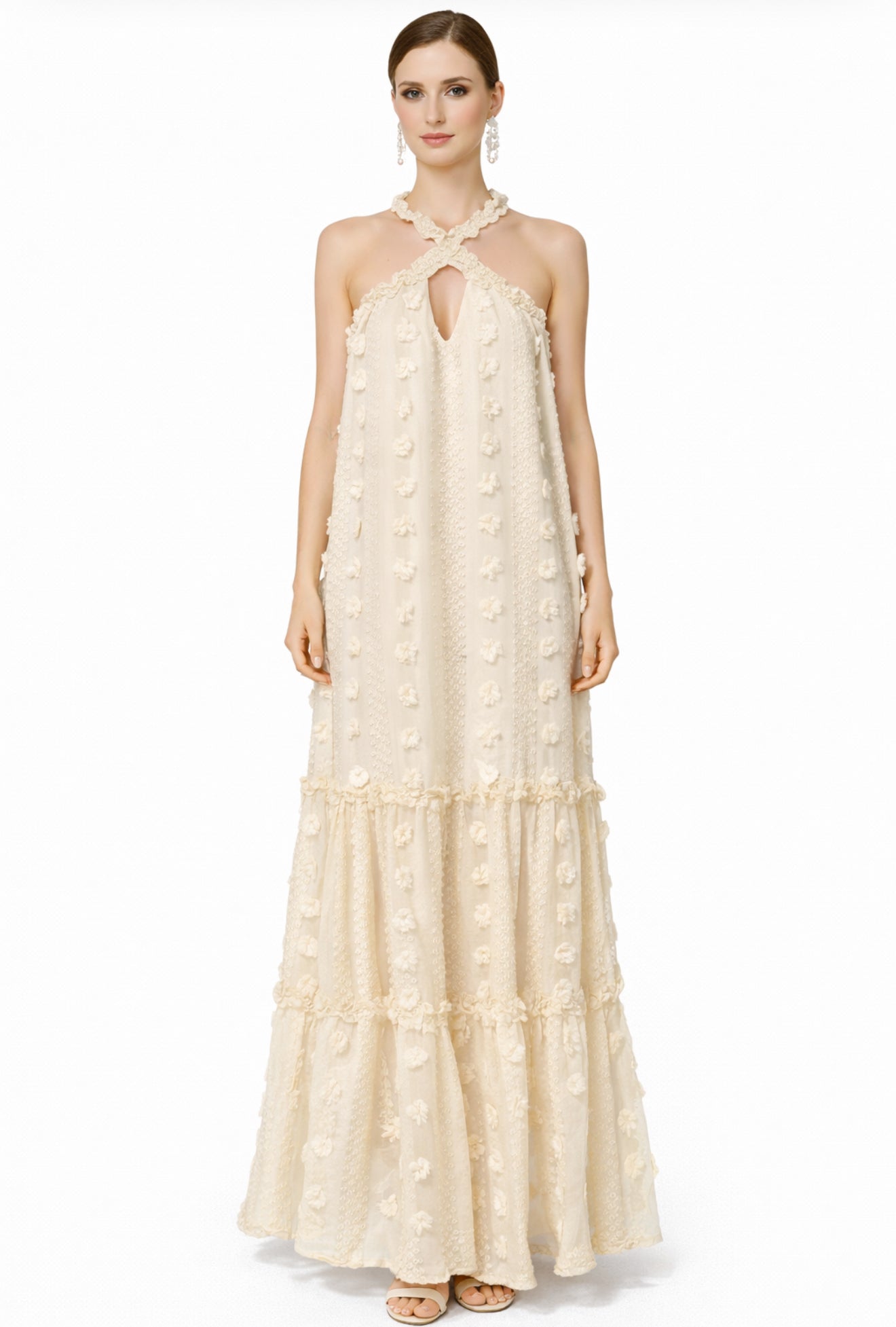  beige halter neck dress with floral details knit maxi summer dress