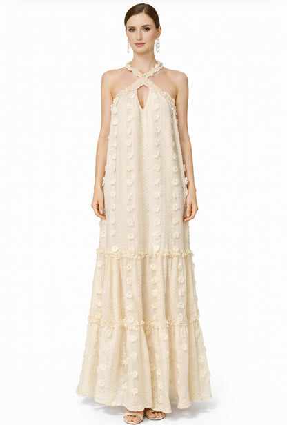  beige halter neck dress with floral details knit maxi summer dress
