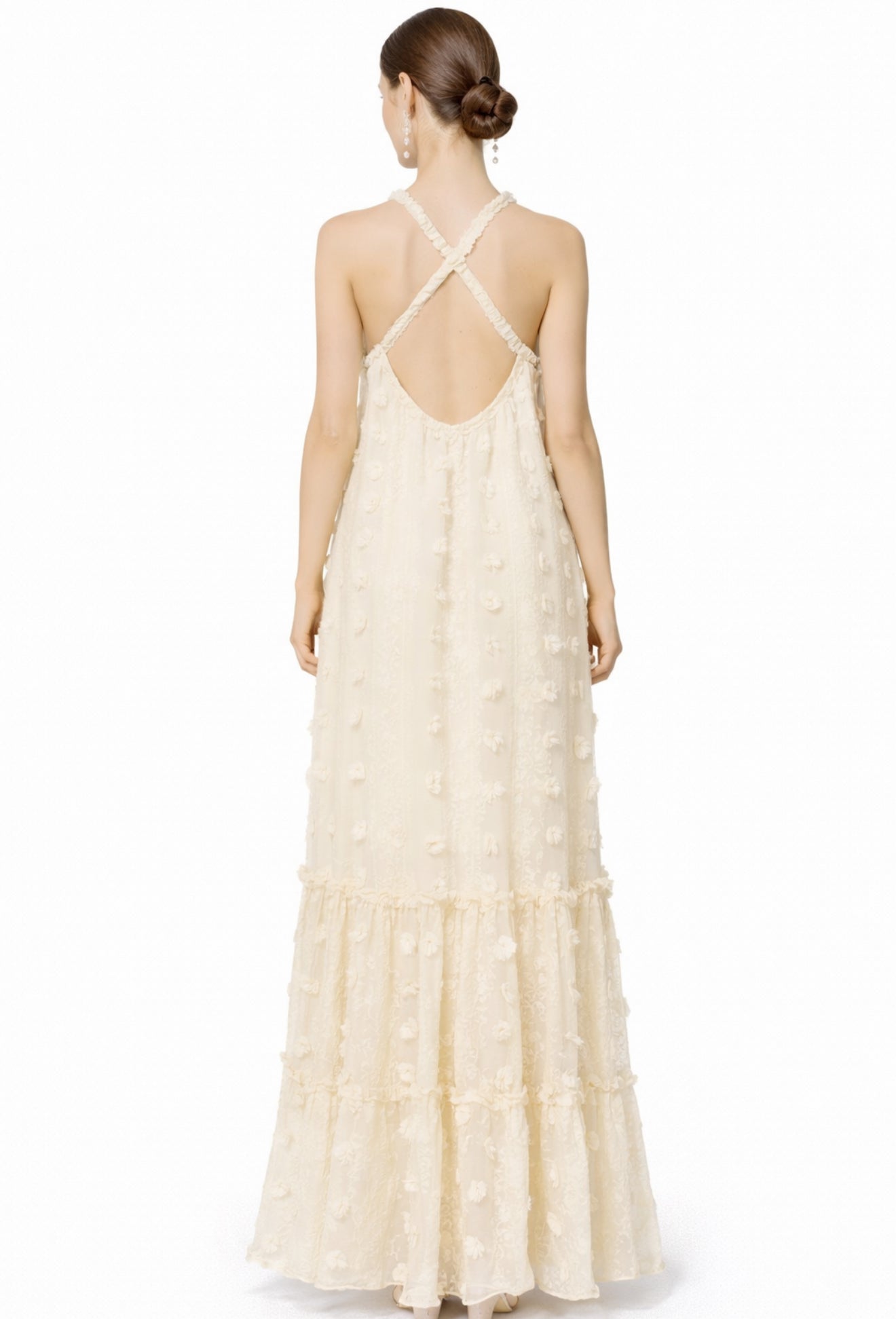  beige halter neck dress with floral details knit maxi summer dress