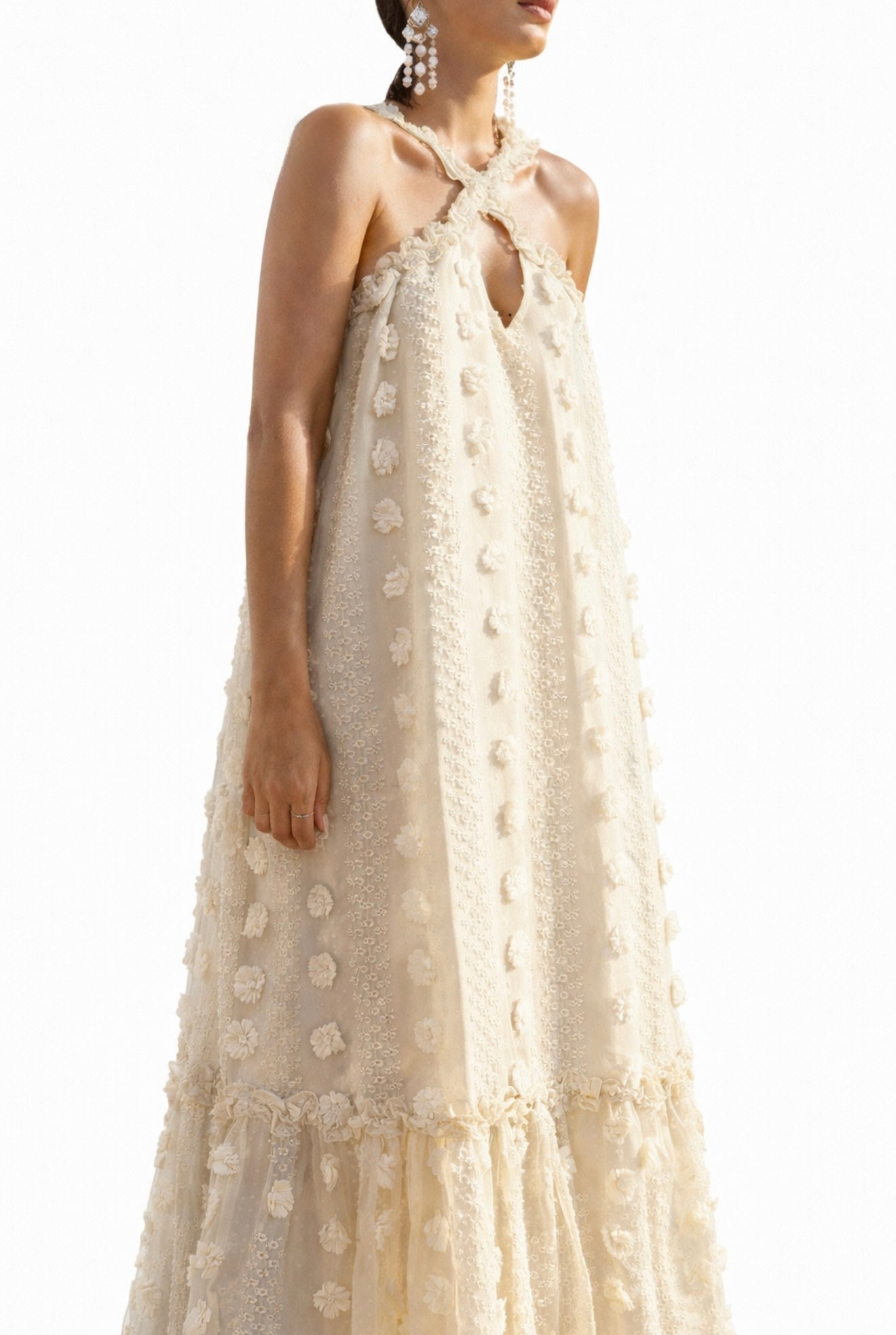  beige halter neck dress with floral details knit maxi summer dress