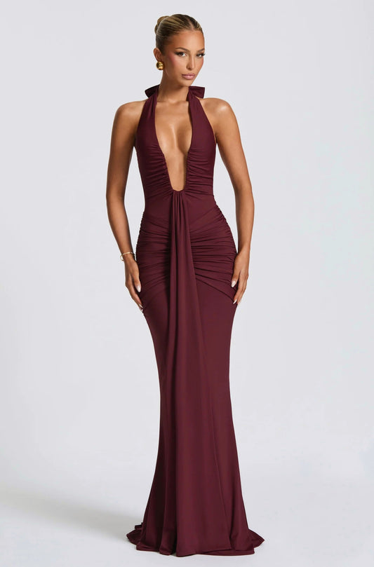 Burgundy deep V silhouette halter evening maxi dress 
